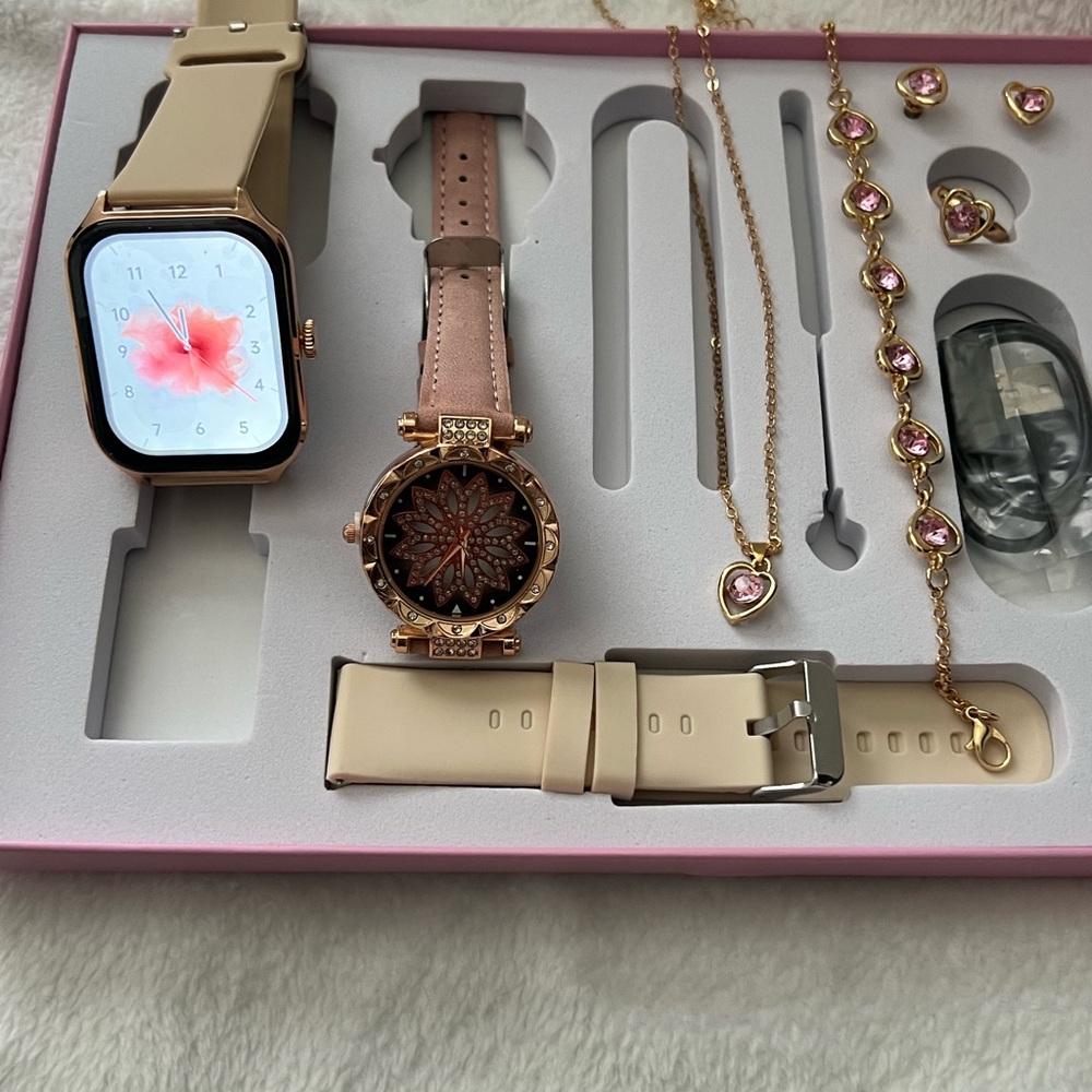 Elegant two watches, one smart, set jewelry- gold plated and pink stone